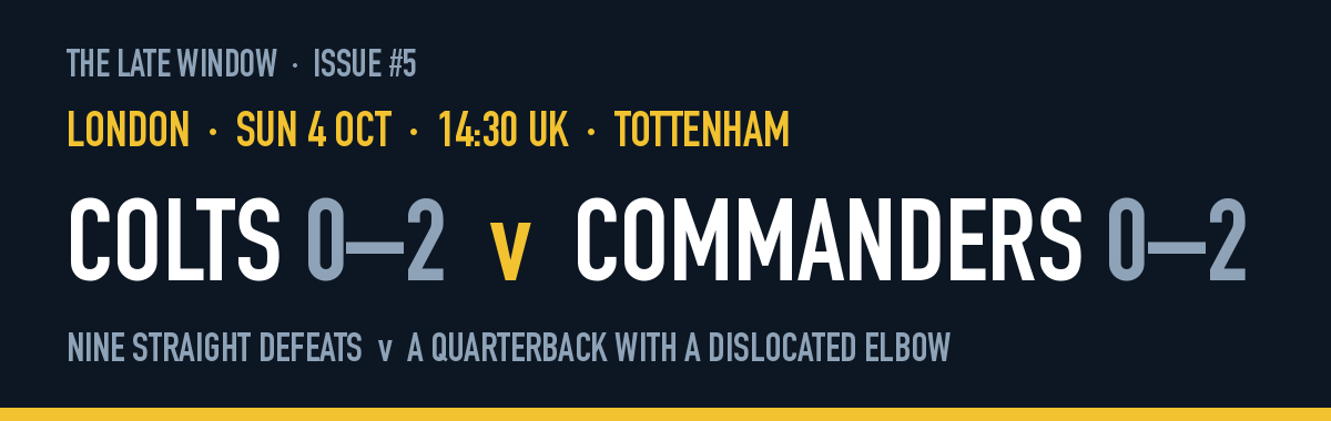 London, Sunday 4 October, 14:30 UK, Tottenham: Colts 0–2 v Commanders 0–2