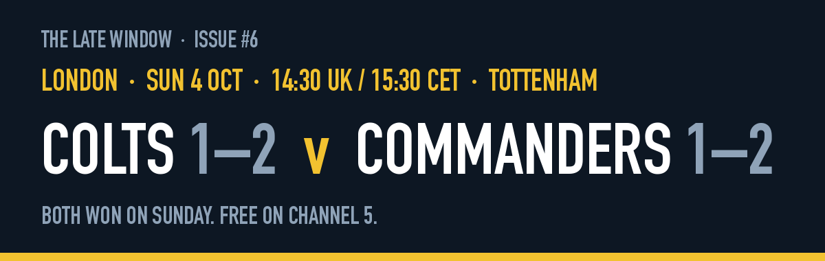 London, Sunday 4 October, 14:30 UK, Tottenham: Colts 1–2 v Commanders 1–2